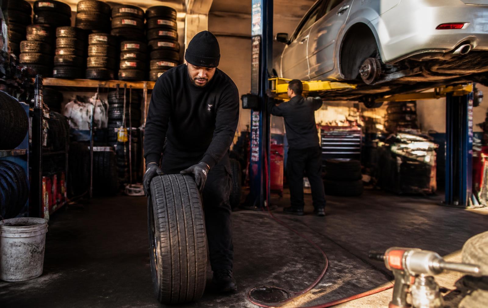 Tire Discount service bay in North Fort Myers with stacked tires