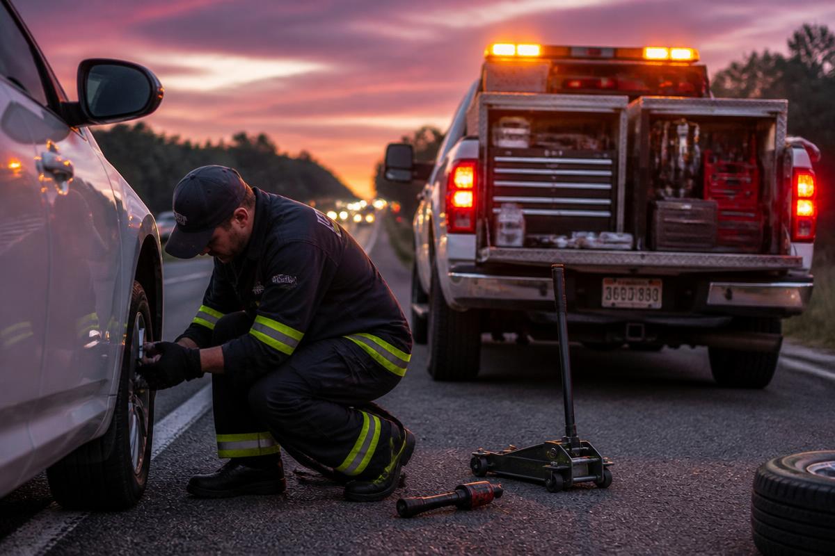Mobile roadside technician changing a flat tire on the shoulder at dusk